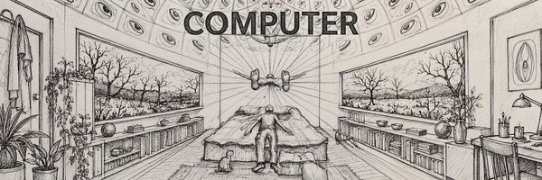 Pencil drawing of a room under a ceiling of eyes, titled COMPUTER